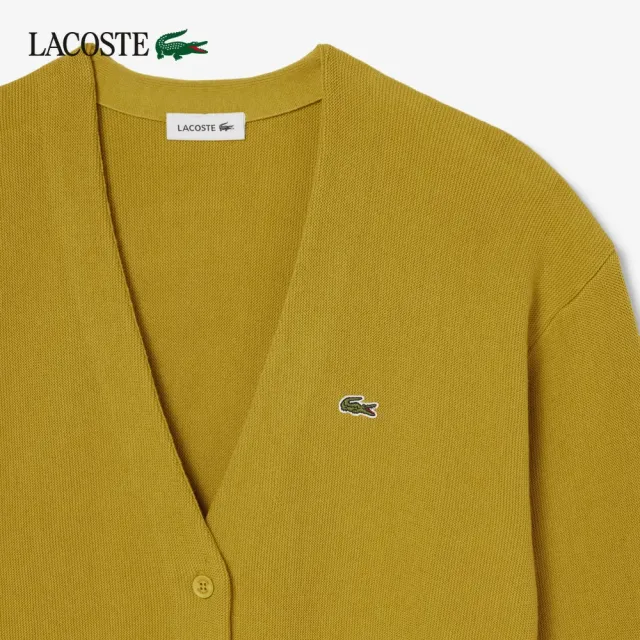 【LACOSTE】女款-V領Moss Stitch棉羊毛開襟衫(芥末黃)
