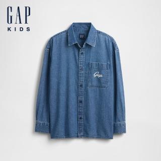 【GAP】兒童牛仔寬鬆襯衫-深色水洗(887241)
