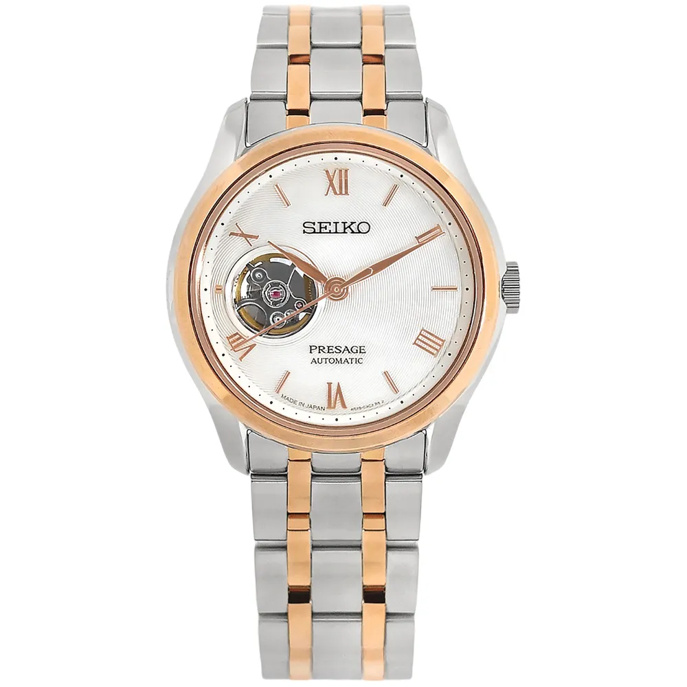 【SEIKO 精工】PRESAGE 羅馬刻度 鏤空 機械錶 藍寶石水晶玻璃 不鏽鋼手錶 銀白x鍍玫瑰金 38mm(SSA412J1)
