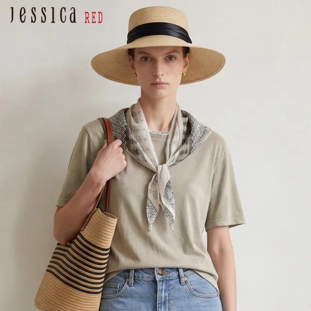【Jessica Red】百搭休閒印花領巾綁帶造型棉質T恤短袖上衣(綠)R63609