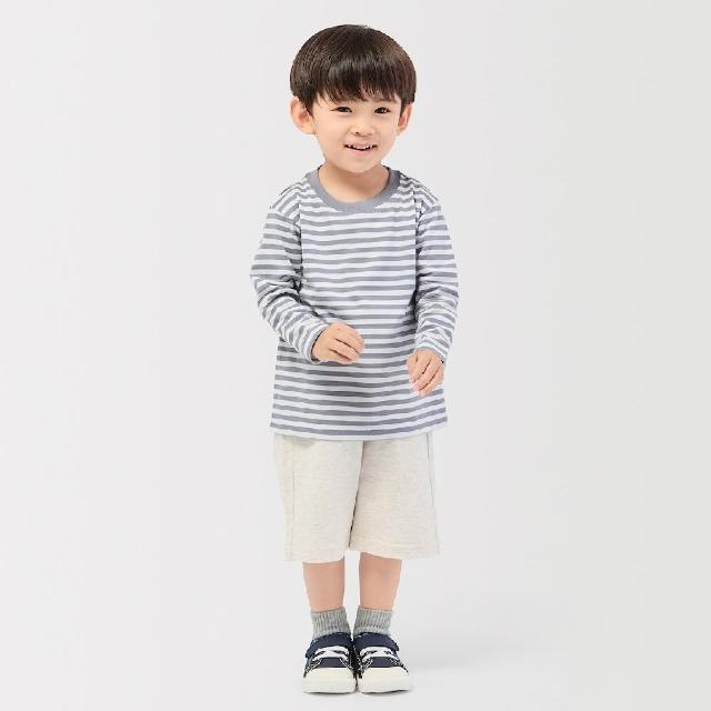 【MUJI 無印良品】幼兒容易穿脫棉天竺圓領長袖T恤(黑橫紋/灰棕橫紋/象牙白紋樣/煙燻藍紋樣)