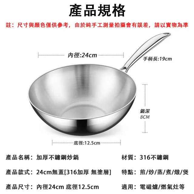 【銘利萊】316不鏽鋼炒鍋 加厚七層鋼煎炒鍋 不粘鍋 無塗層無蓋 明火電磁爐通用 24cm炒菜鍋