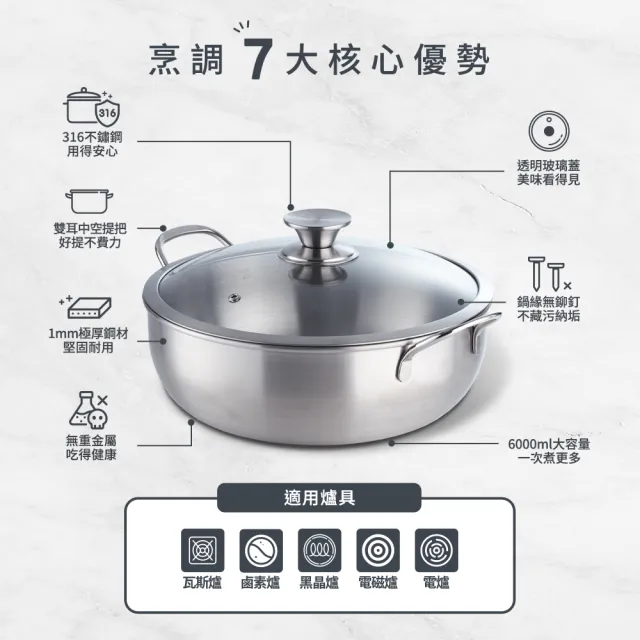 【mo select】台灣製極厚316不鏽鋼雙耳火鍋附蓋30cm/6000ml(mo選/電磁爐可用/湯鍋/燉鍋/不鏽鋼鍋/全能鍋)