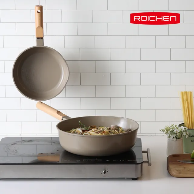 【Roichen】韓國抗菌陶瓷木柄不沾深炒鍋 20cm(IH爐/全火源適用陶瓷塗層不沾鍋)