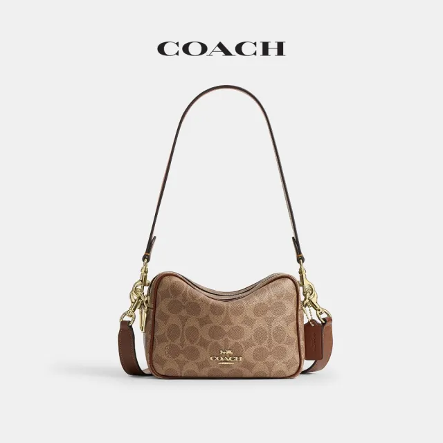 【COACH】蔻馳官方直營 CAREY 經典 SIGNATURE 迷你斜背包 相機包-IM/棕黃色/棕色(CEK69)