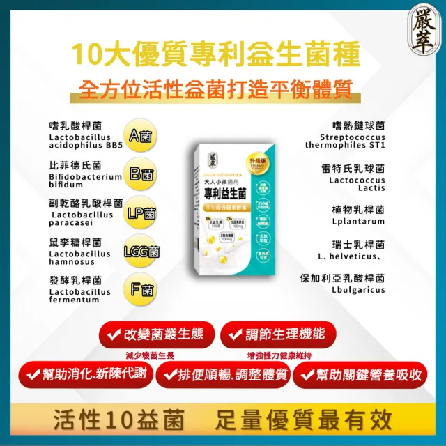 【YEN TSUI 嚴萃】專利350億益生菌-10種益菌+75種蔬果酵素-5入組/共150粒(LP專利活性益菌、調整順暢消化)