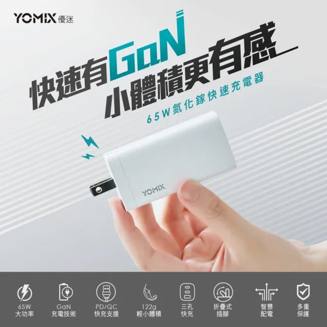 【YOMIX 優迷】斷電器組★65W氮化鎵PD三孔快充充電頭(typeC/USB/筆電快充/充電器/插腳折疊式/支援iPhone 18