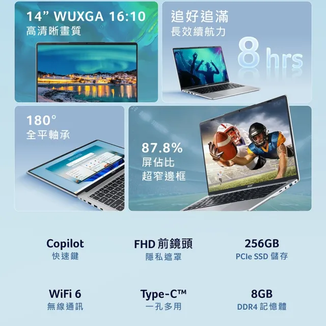 【Acer 宏碁】14吋四核心1.05kg文書輕薄筆電(Swift Lite/SFL14-32P-C710/N150/8G/256G/W11)