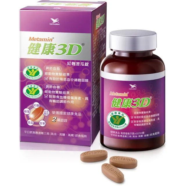 【統一】健康3D紅麴苦瓜2入組(2罐共180粒-調節血糖/血脂/大豆蛋白/綠藻/甘草)