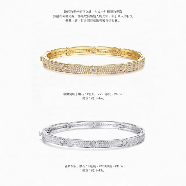 海斯珠寶 2.5克拉天然鑽石 18K金寬版手鐲 圓形明亮式切割 滿鑽密鑲工藝 四葉草Lucky系列
