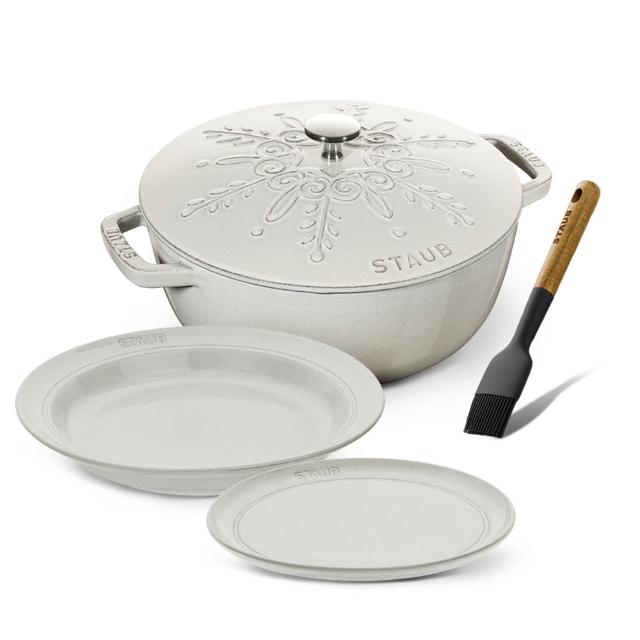 【STAUB】松露白雪花和食鑄鐵鍋24cm贈湯盤24cm＋平盤22cm＋油刷(德國雙人牌集團官方直營)