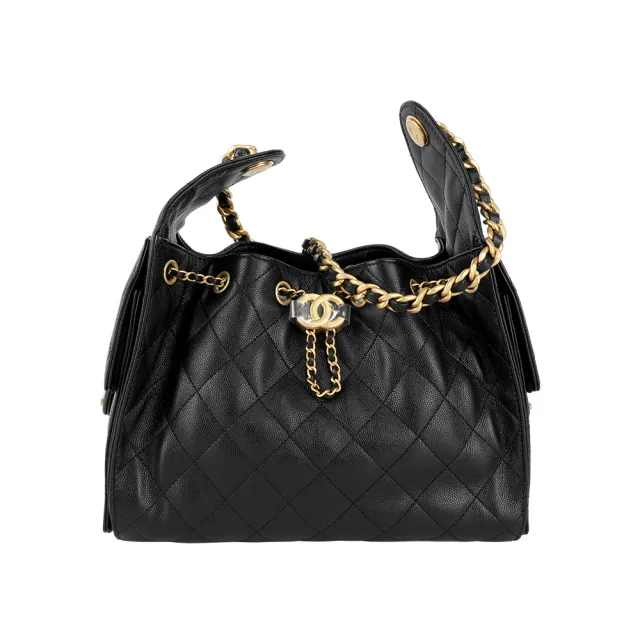 【CHANEL 香奈兒】Chanel 25 CC Logo 金色標誌小牛皮小款肩背包(黑色)