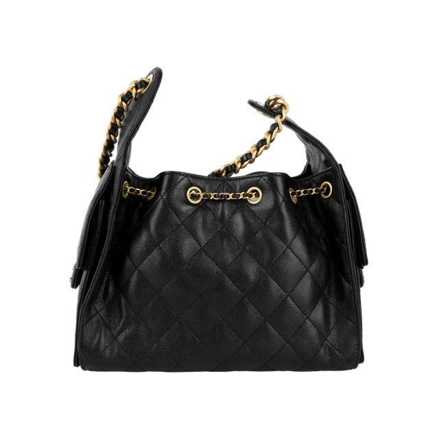 【CHANEL 香奈兒】Chanel 25 CC Logo 金色標誌小牛皮小款肩背包(黑色)