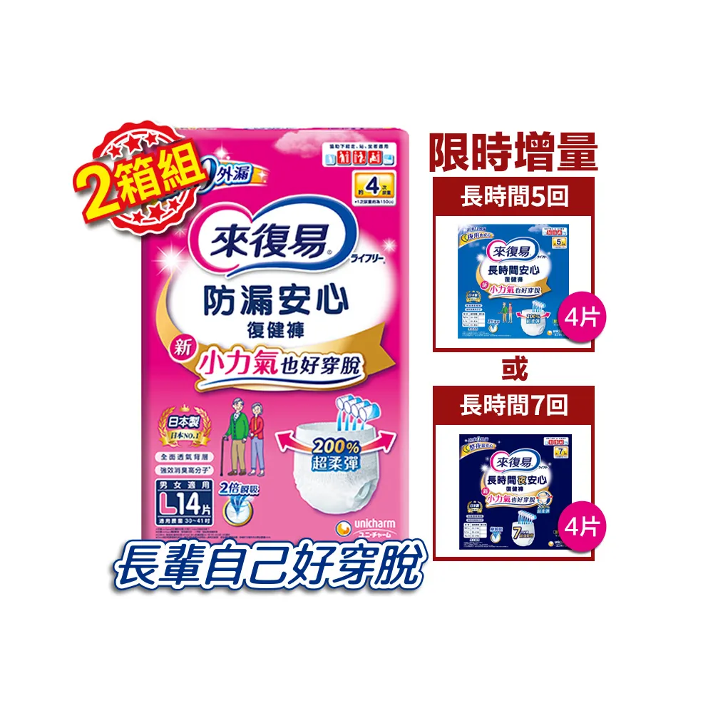 【來復易】防漏安心復健褲復健褲+長時間系列復健褲4片 (M-XL) 2箱組(成人紙尿褲/褲型紙尿褲)