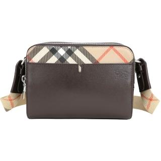 【BURBERRY 巴寶莉】牛皮拼接格紋帆布雙層手拿 肩斜背相機包包(泥炭棕x沙米色)