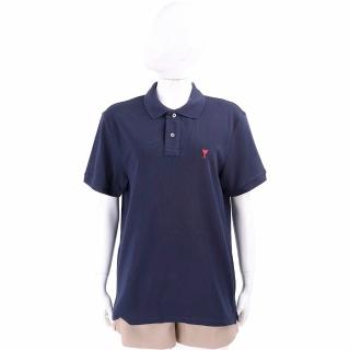 【AMI PARIS】Red Ami De Coeur 紅心A補丁純棉深藍短袖POLO衫(男/女可穿)