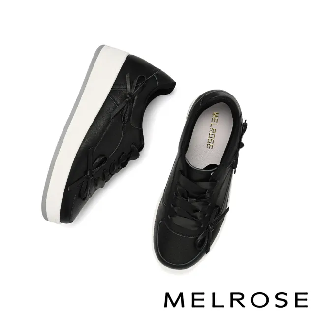 【MELROSE】美樂斯 甜美率性蝴蝶結牛皮緞布鞋帶厚底休閒鞋(黑)