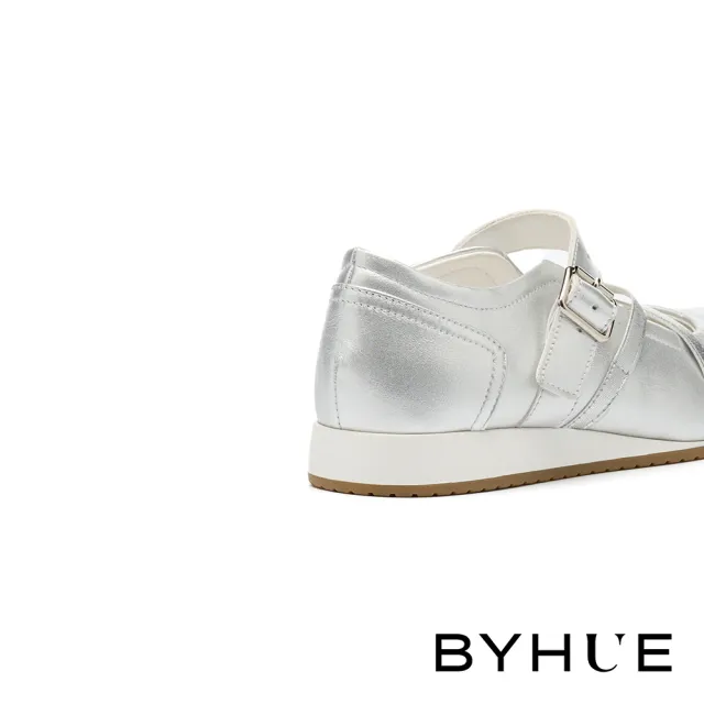 【BYHUE】率性優雅交叉鬆緊帶牛皮軟芯瑪莉珍厚底休閒鞋(銀)