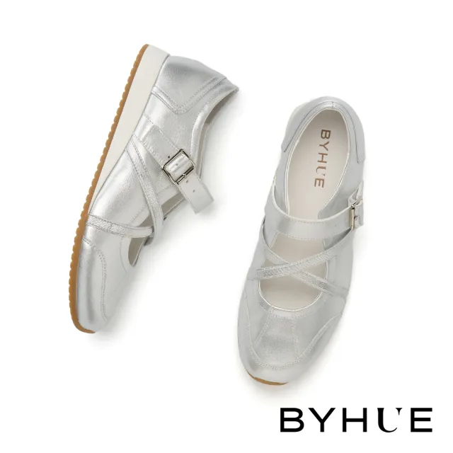 【BYHUE】率性優雅交叉鬆緊帶牛皮軟芯瑪莉珍厚底休閒鞋(銀)