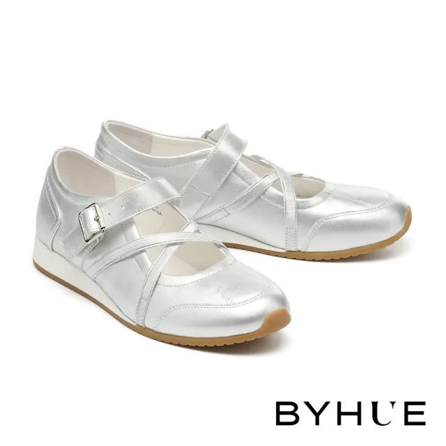 【BYHUE】率性優雅交叉鬆緊帶牛皮軟芯瑪莉珍厚底休閒鞋(銀)