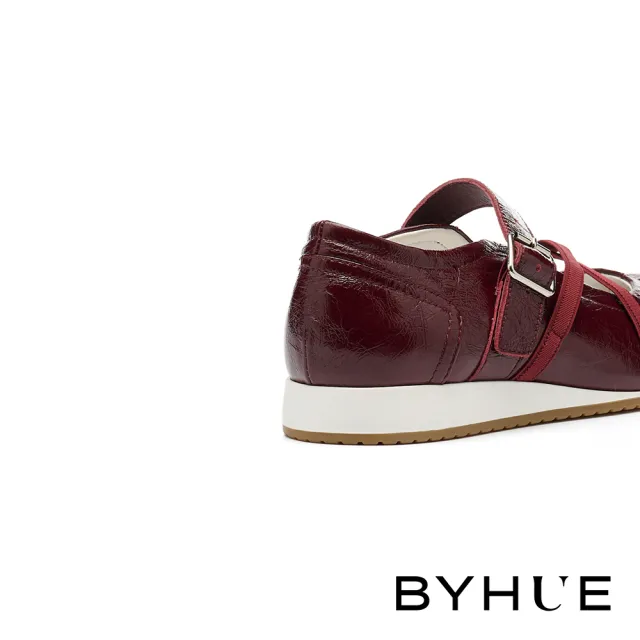 【BYHUE】率性優雅交叉鬆緊帶牛皮軟芯瑪莉珍厚底休閒鞋(紅)