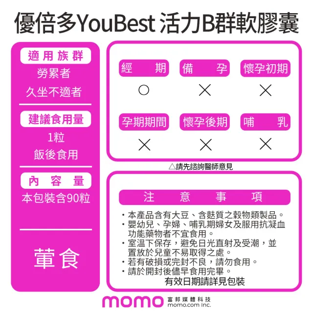 【YouBest 優倍多】優倍多YouBest 活力B群軟膠囊(90粒/盒-高單位B群 胺基酸 管花肉蓯蓉 茯苓萃取物)
