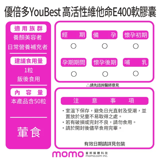 【杏輝醫藥】優倍多YouBest 高活性維他命E400軟膠囊(50粒/盒-抗氧化.養顏美容.調整體質)
