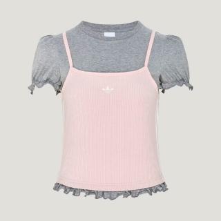 【adidas 愛迪達】短袖上衣 LI5118 女款 ORIGINALS假兩件式泡泡袖上衣 粉x灰