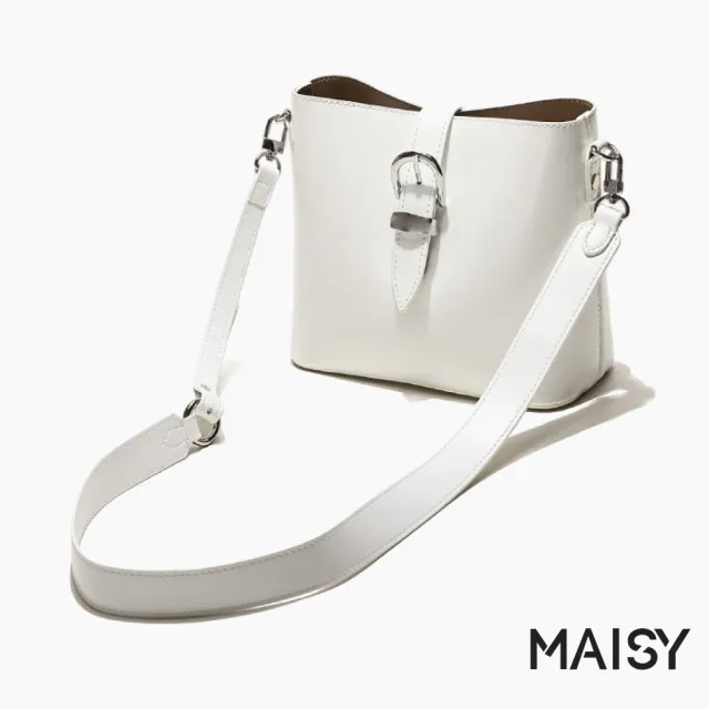 【MAISY】韓系個性亮澤真皮質感銀扣水桶包 單肩包 斜跨包(白色 / 藍色 / 紅色 / 黑色)