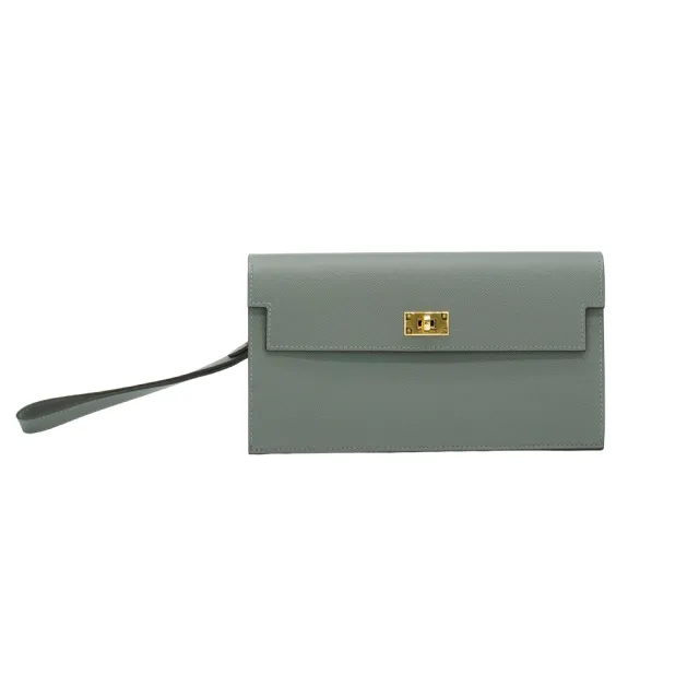 【Hermes 愛馬仕】展示品 Kelly Pocket Madame 小牛皮金釦長夾(OL積雲灰)