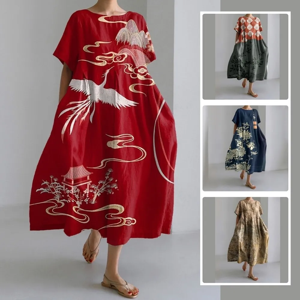 【巴黎精品】現貨+預購 連身裙短袖洋裝大尺碼女裝(圓領寬鬆網版絹印顯瘦長裙連衣裙女裙子14款b2a12 A)