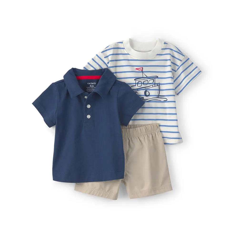 【Carter’s】嬰兒 純棉3件組套裝(上衣/Polo衫/短褲)(原廠公司貨 童裝 嬰兒裝 3件組)