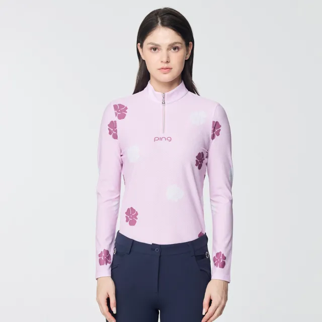 【PING】女款花朵網眼薄長袖立領上衣-淺紫(吸濕排汗/GOLF/高爾夫球衫/RA25214-63)