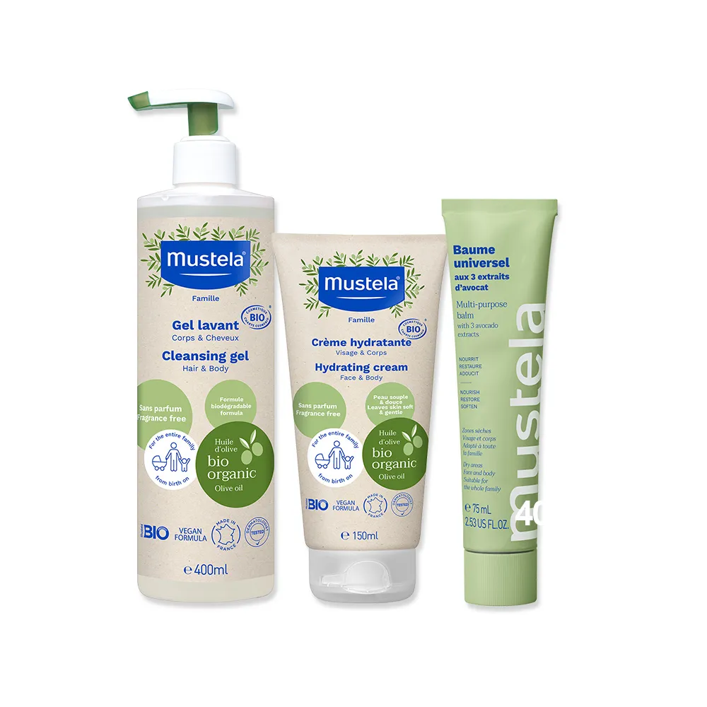 【Mustela 慕之恬廊】有機洗潤滋養組(有機雙潔露400ml+有機潤膚乳150ml+有機酪梨萬用霜75ml 孕婦適用 無香)