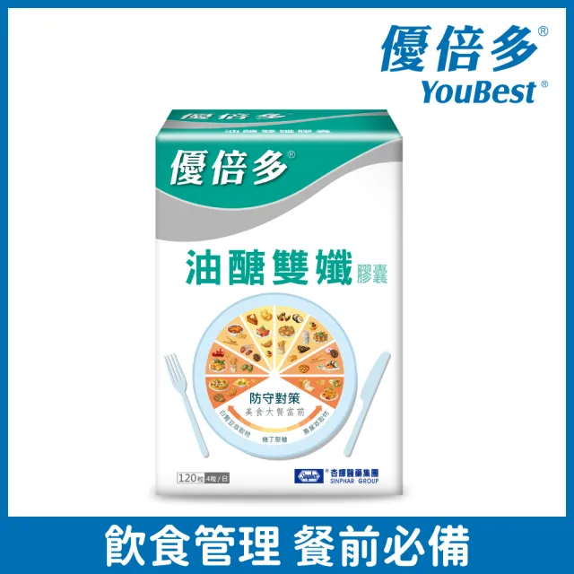 【YouBest 優倍多】油醣雙孅膠囊(120粒/盒-白腎豆/桑葉/甲殼素/綠茶萃取物/葡萄子萃取物)