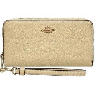 【COACH】燕麥色皮革滿板壓印LOGO手提帶拉鍊式長夾