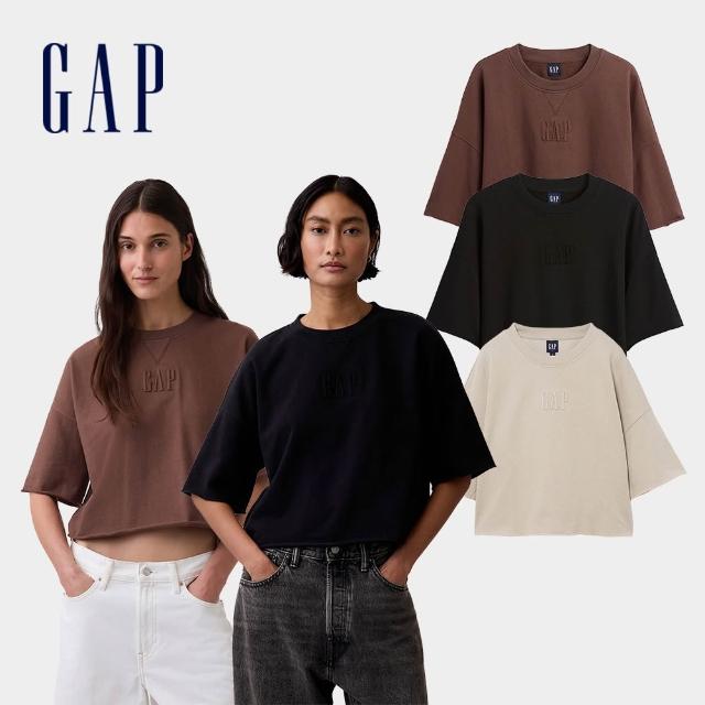 【GAP】法式毛圈布寬鬆捲邊短版運動衫-多色任選(897963)