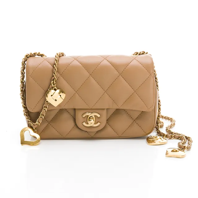 【CHANEL 香奈兒】Mini Flap bag (細紋/暗黃皮革色/金&暗黃皮革雙色愛心鏈帶)