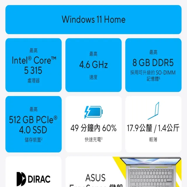 【ASUS 華碩】15.6吋Core 5輕薄筆電(Core 5-315/16G/512G SSD/W11/VivoBook X1504MA)