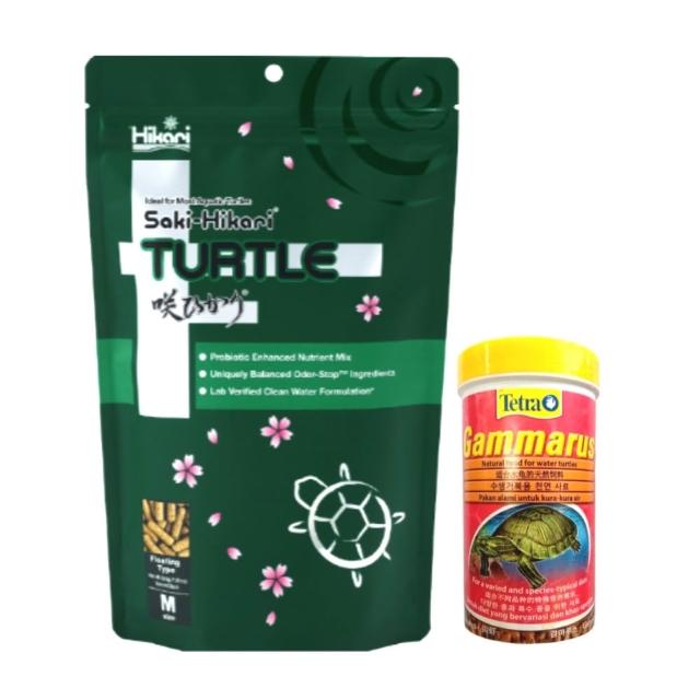 【HIKARI 高夠力】善玉菌烏龜飼料 M顆粒200g+Tetra德彩乾燥淡水蝦 250ml 守護腸胃(適用於各種澤龜水龜烏龜)