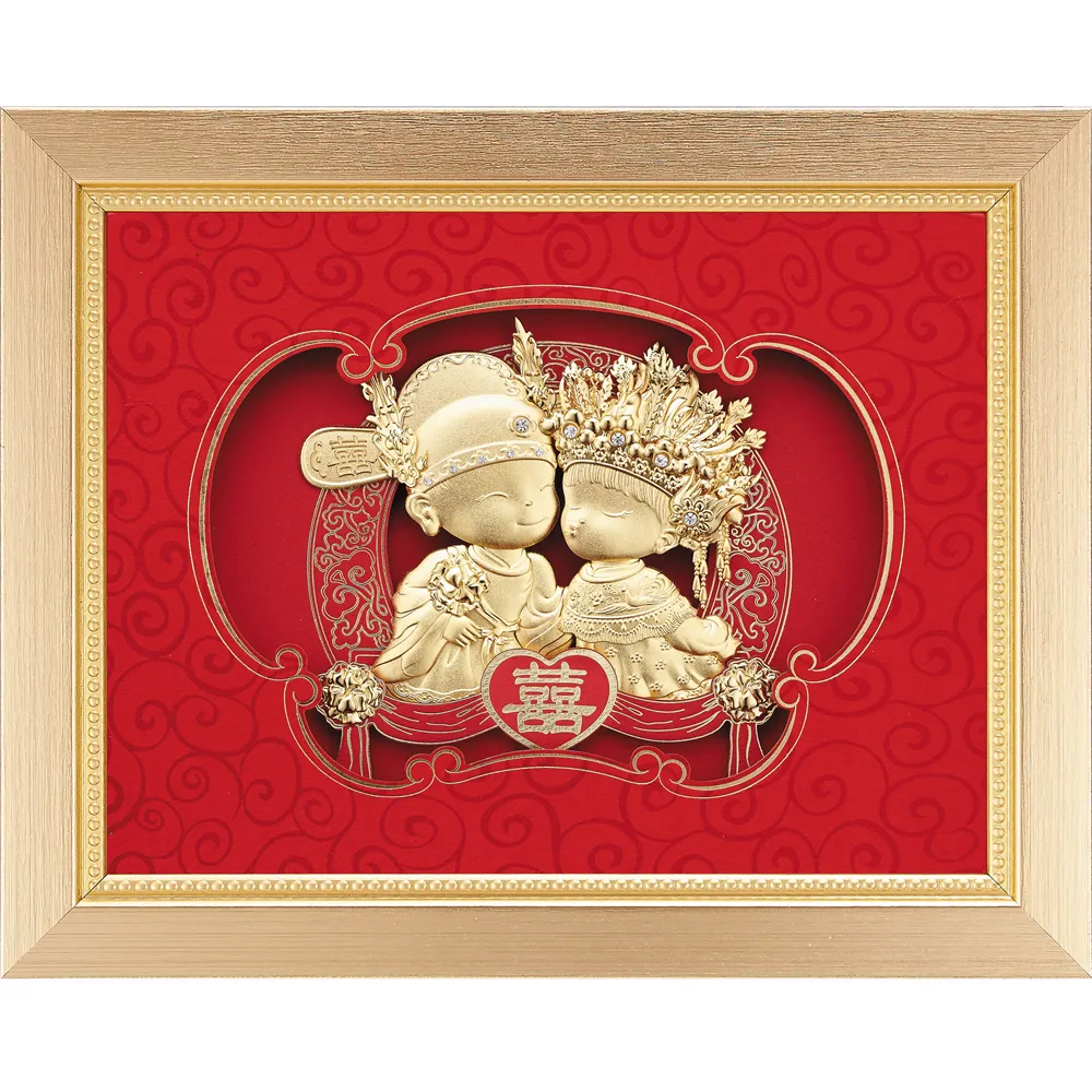 【開運陶源】純金 金箔畫 -百年好合 雙喜臨門(小雙喜娃娃 25x20cm)