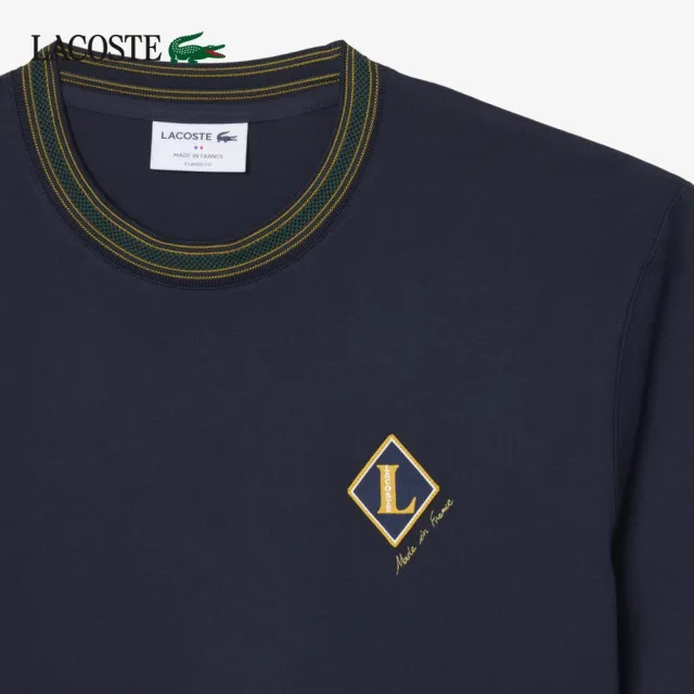 【LACOSTE】男款-法國製徽章條紋短袖T恤(海軍藍)