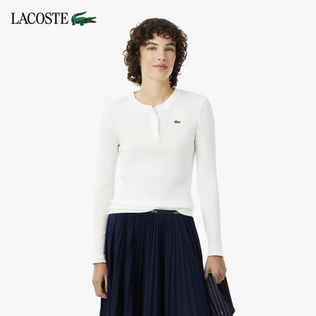 【LACOSTE】女款-亨利領羅紋長袖T恤(白色)