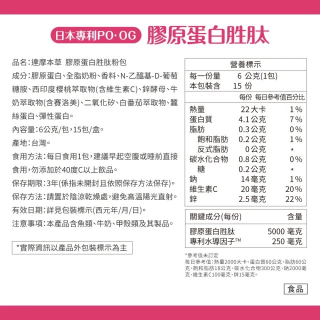 【達摩本草】膠原蛋白胜肽粉包1入15包/盒(日本PO·OG膠原、業界首創專利水導因子)
