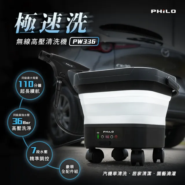 【Philo 飛樂】PW336無線高壓清洗機-洗車防護組(油膜去除擦+洗車精) 30000mAh/洗車神器/居家清潔 汽車百貨