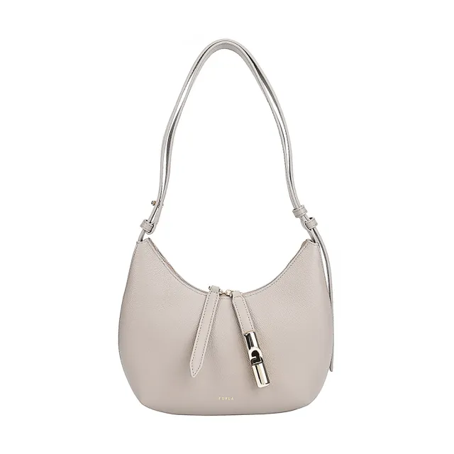 【FURLA 芙拉】FURLA 燙金LOGO GOCCIA系列小牛皮拉鍊肩背包(S號/麻灰)