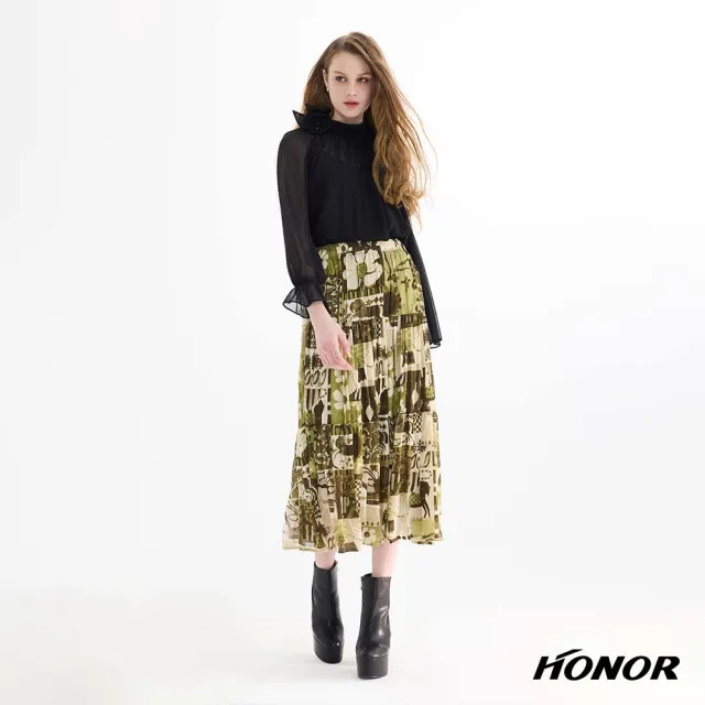 【HONOR 山形屋】立體花飾綁帶飄逸雪紡上衣-黑