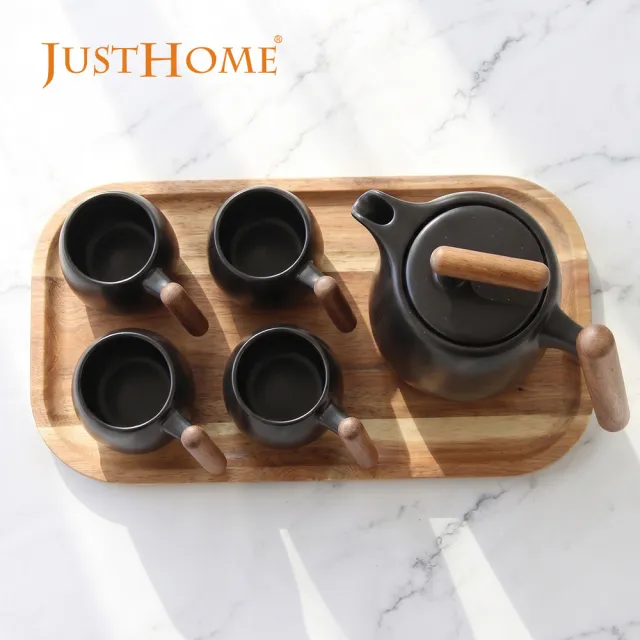 Just Home】侘寂墨韻陶瓷茶具6件禮盒組-1壺4杯+托盤(茶具組茶壺茶杯組