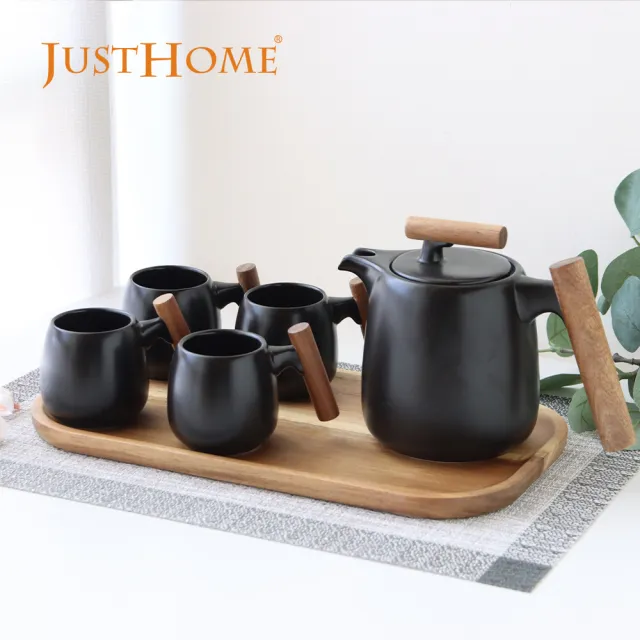 【Just Home】侘寂墨韻陶瓷茶具6件禮盒組-1壺4杯+托盤(茶具組 茶壺茶杯組 日式茶具 茶壺組合)