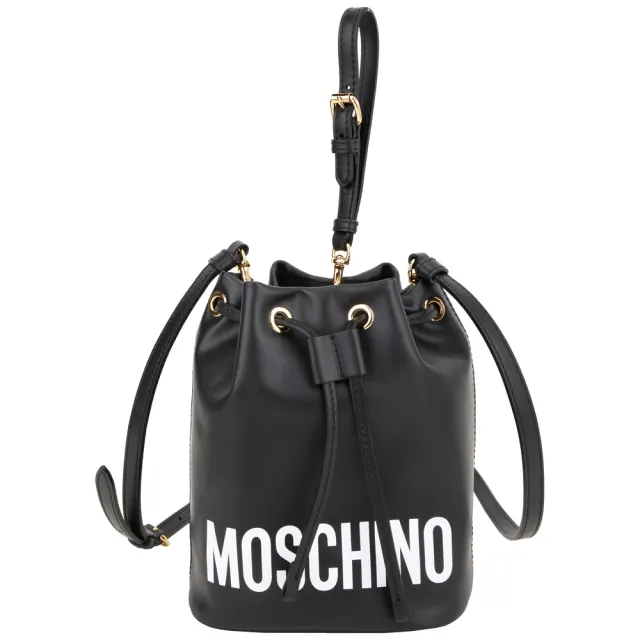 【MOSCHINO】附手挽帶印花字母牛皮束口斜背水桶包(黑色 兩用包 肩背 手拿包)